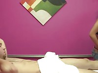 Petite asian masseuse sucks her clients cock